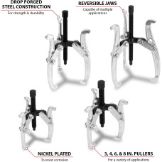 Performance Tool W134DB 3 Jaw Gear Puller Set, 4-Piece Set (Sizes: 3, 4, 6 and 8-Inch), with Reversible Design for Vehicle Maintenance and Repair, Drop-Forged Steel, Chrome Plating